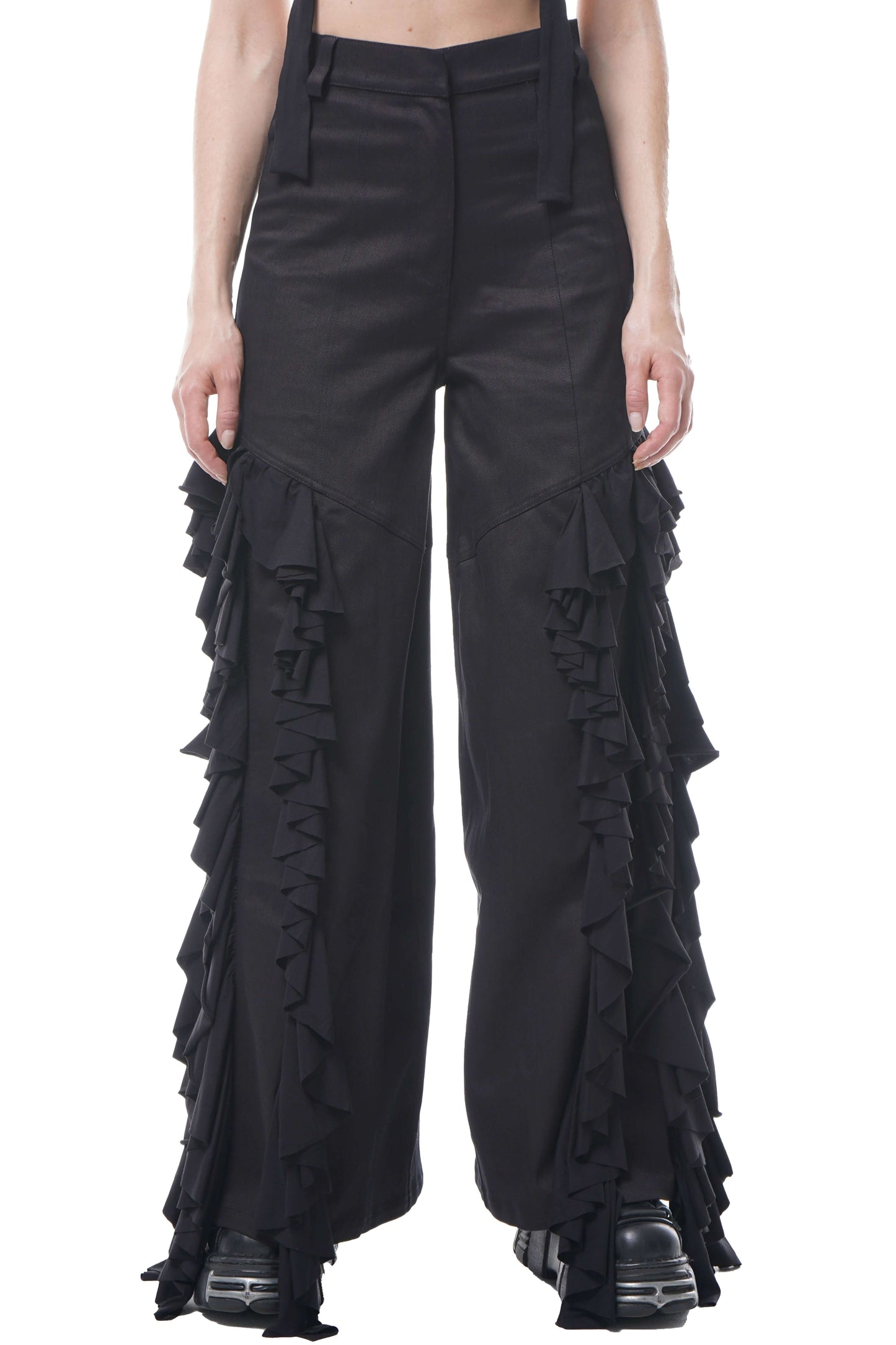 Wide-Leg Cotton-Twill Trousers with Cascading Side Drapery