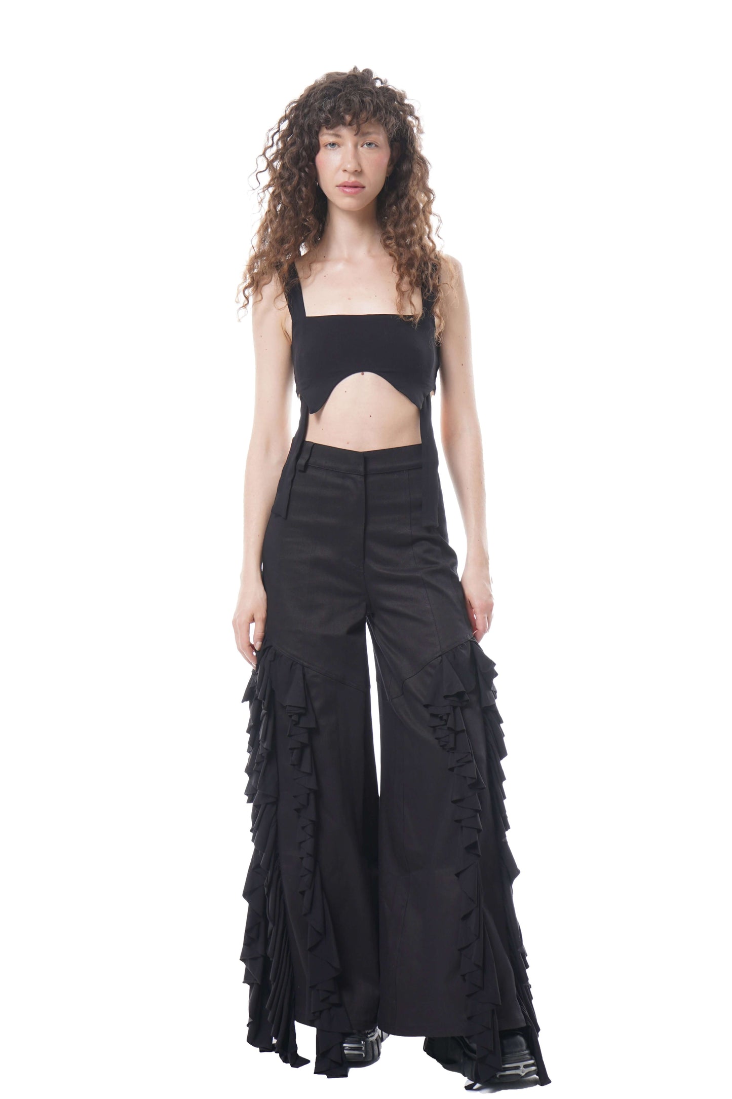 Wide-Leg Cotton-Twill Trousers with Cascading Side Drapery