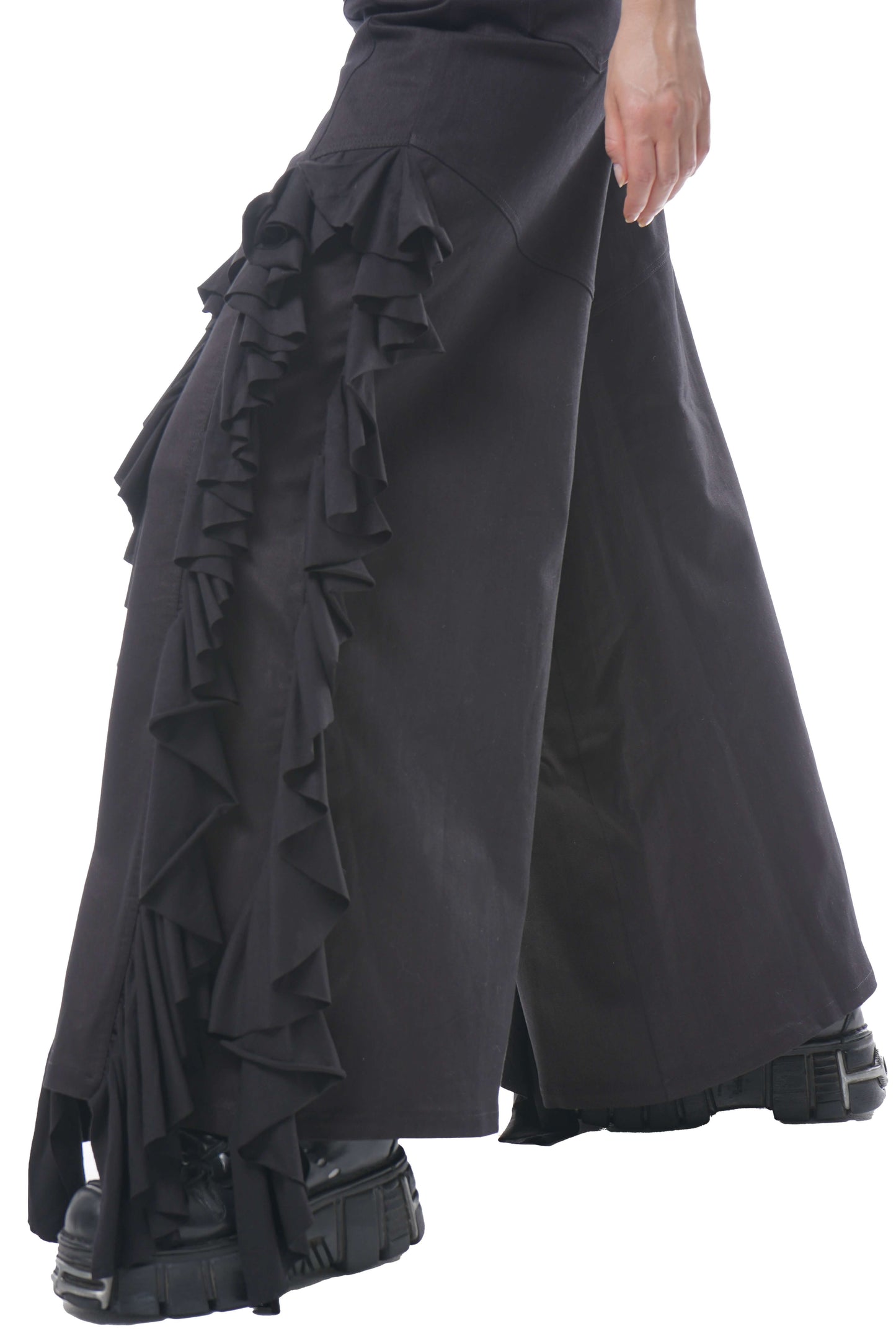 Wide-Leg Cotton-Twill Trousers with Cascading Side Drapery