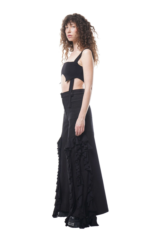 Wide-Leg Cotton-Twill Trousers with Cascading Side Drapery