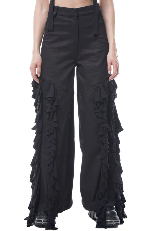 Wide-Leg Cotton-Twill Trousers with Cascading Side Drapery