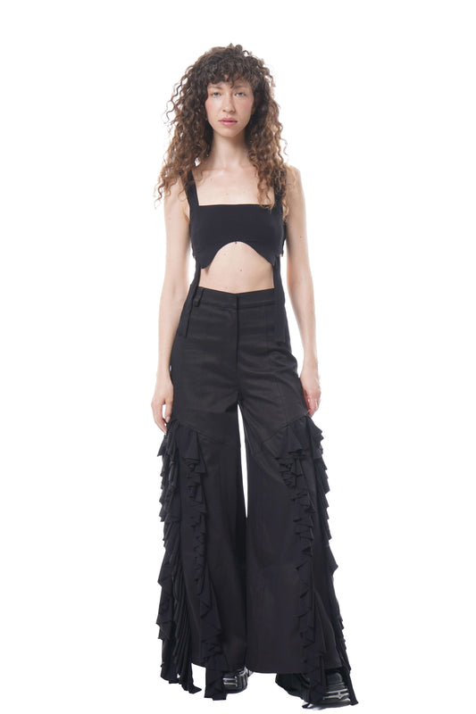 Wide-Leg Cotton-Twill Trousers with Cascading Side Drapery